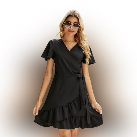 Naggoo Dresses & Skirts - Naggoo Women''s Wrap V Neck Wraparound Black Ruffled Short Sleeve Mini Dress.